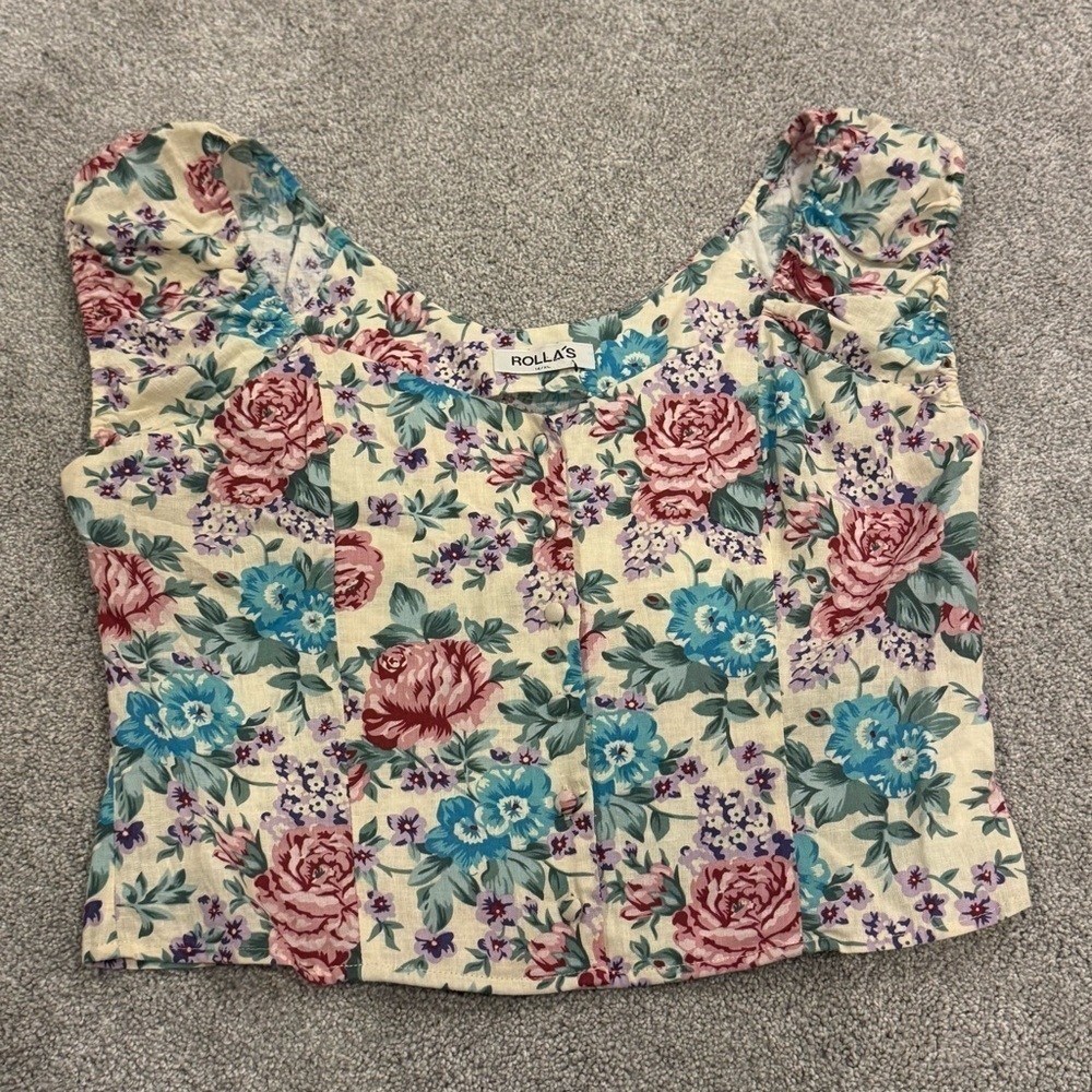 Rolla's Emmy Rosette Top Blouse Floral Print Square Neck Crop Size XL NWOT - Picture 3 of 9